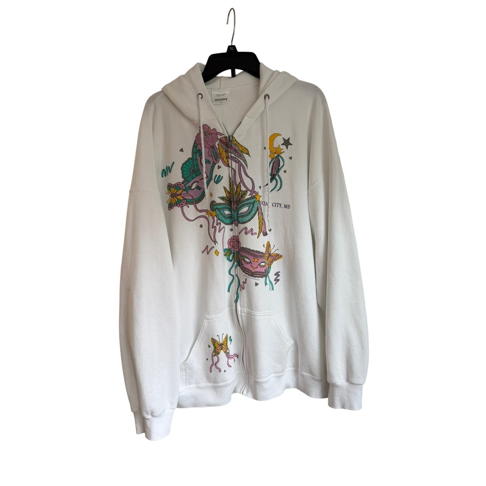 Vintage Ocean City MD Masquerade Mask‎ Zip Hoodie White 3XL Made in USA 90s